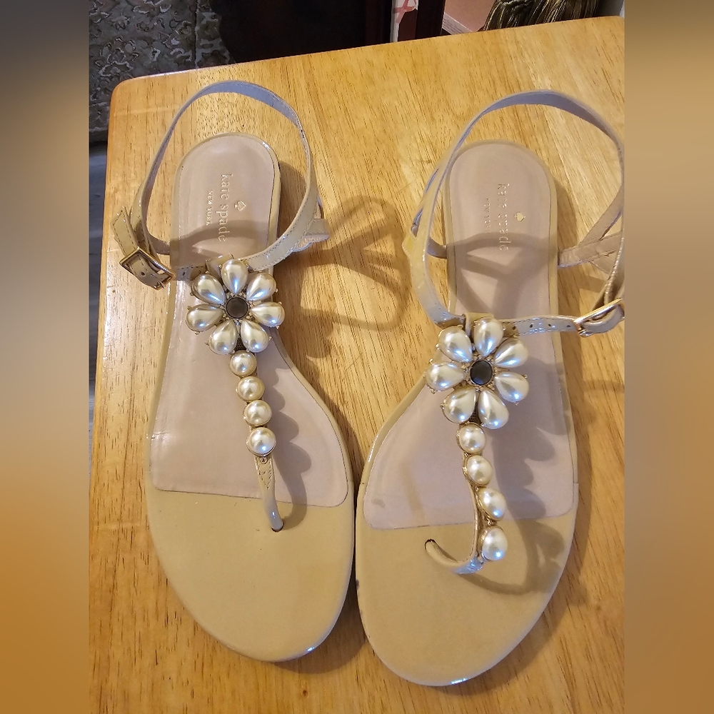 Kate Spade Beige Sandals with Pearl Embellishments